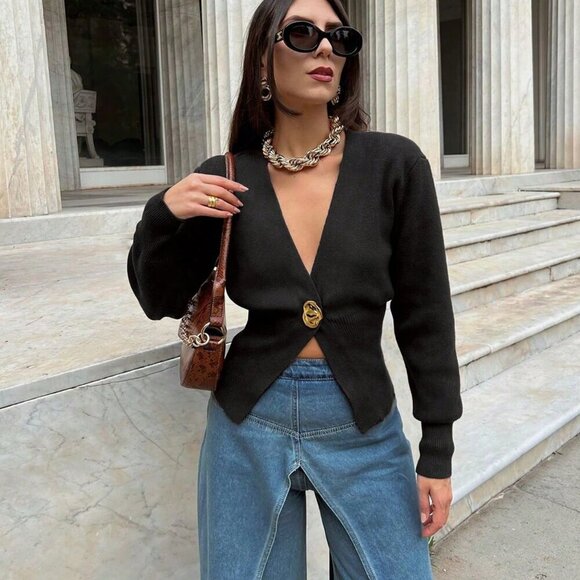 Black Preppy Elegant Minimalist Women's V-neck button detail Sweater Cardigan - Picture 2 of 7